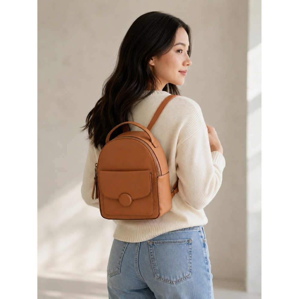 La Terre Cognac Brown Mini Backpack Purse Pebbled Vegan Leather Bag